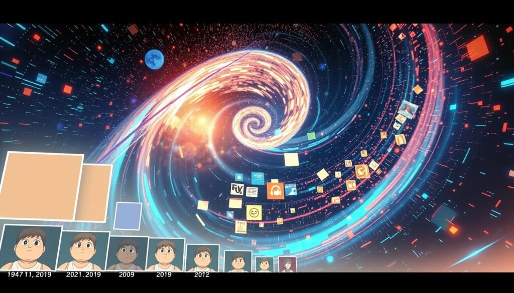 A vibrant, multi-layered evolution of meme culture, showcasing the progression of "big boob" memes through the ages. In the foreground, a series of iconic meme frames depicting the transformation, from early low-quality image macros to hyper-detailed, photorealistic digital artwork. The middle ground features a swirling vortex of meme templates, internet trends, and viral sensations, conveying the rapid, ever-changing nature of online humor. In the background, a cosmic backdrop of glowing data streams, binary code, and digital noise, representing the vast, interconnected landscape of the internet and the rapid dissemination of meme content. Lit by a warm, cinematic lighting scheme, the scene evokes a sense of nostalgia, humor, and the unstoppable march of meme evolution.
