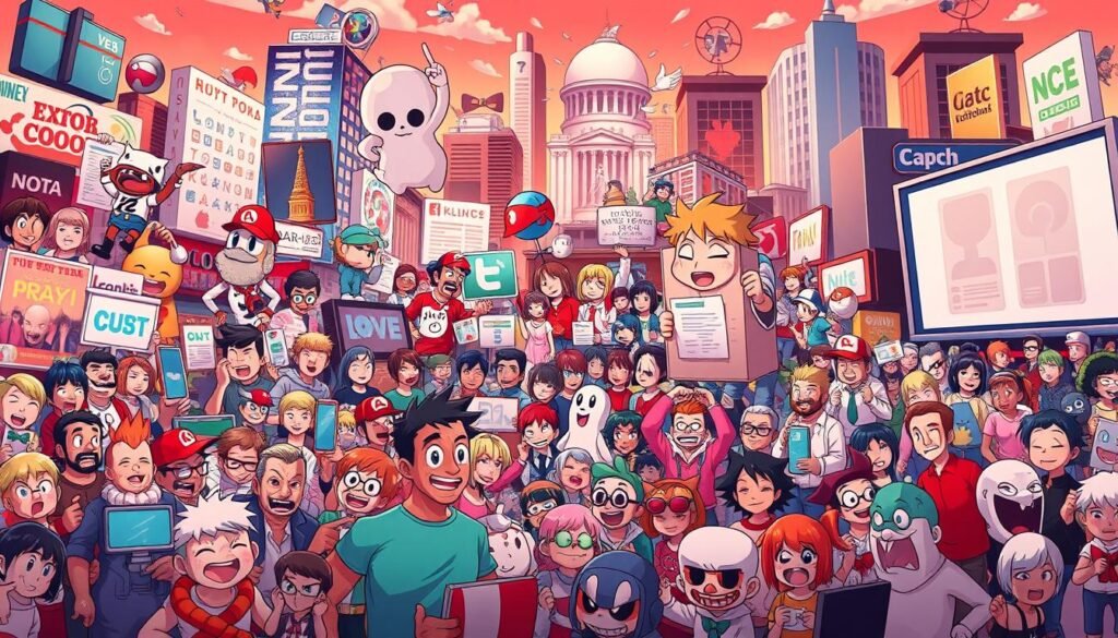 A vibrant, multi-layered scene depicting the role of memes in modern culture. In the foreground, a diverse collage of iconic meme characters and tropes, arranged in a dynamic, playful composition. The middle ground features a bustling digital landscape, with social media platforms, websites, and mobile devices prominently displayed, serving as the conduit for meme dissemination. In the background, a stylized representation of contemporary cultural touchstones - popular media, current events, and societal trends - provide the broader context in which memes thrive. Warm, saturated lighting casts a sense of energy and engagement, while a slightly skewed camera angle adds a touch of irreverence, mirroring the nature of meme culture. The overall tone is one of celebration, showcasing the ubiquity and cultural significance of memes in the modern world.