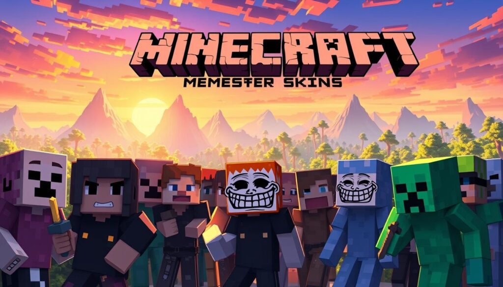 A vibrant scene of Minecraft meme skins in a retro, pixel-art style. In the foreground, iconic characters like Doge, Pepe the Frog, and Trollface are vividly rendered, their expressions and poses capturing the irreverent and humorous spirit of Minecraft meme culture. The middle ground features a diverse cast of Minecraft player skins, each with their own unique personality and flair, engaging in playful interactions. The background depicts a blocky, Minecraft-inspired landscape, with mountains, forests, and a vibrant, sunset-lit sky, adding depth and a sense of adventure to the scene. The lighting is soft and diffused, creating a warm, nostalgic atmosphere. The overall composition is balanced and visually striking, drawing the viewer into the whimsical world of Minecraft meme skins.