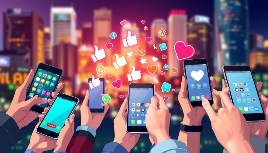 A vibrant social media sharing scene, captured with a crisp, wide-angle lens. In the foreground, several hands holding various mobile devices, their screens showcasing colorful app icons and sharing buttons. The middle ground features a dynamic arrangement of digital sharing symbols, including stylized thumbs-up, retweet, and heart icons, swirling and interacting with one another. The background depicts a blurred, out-of-focus cityscape, hinting at the global reach and interconnectedness of social media. The overall mood is one of energy, engagement, and the seamless integration of digital and physical worlds.