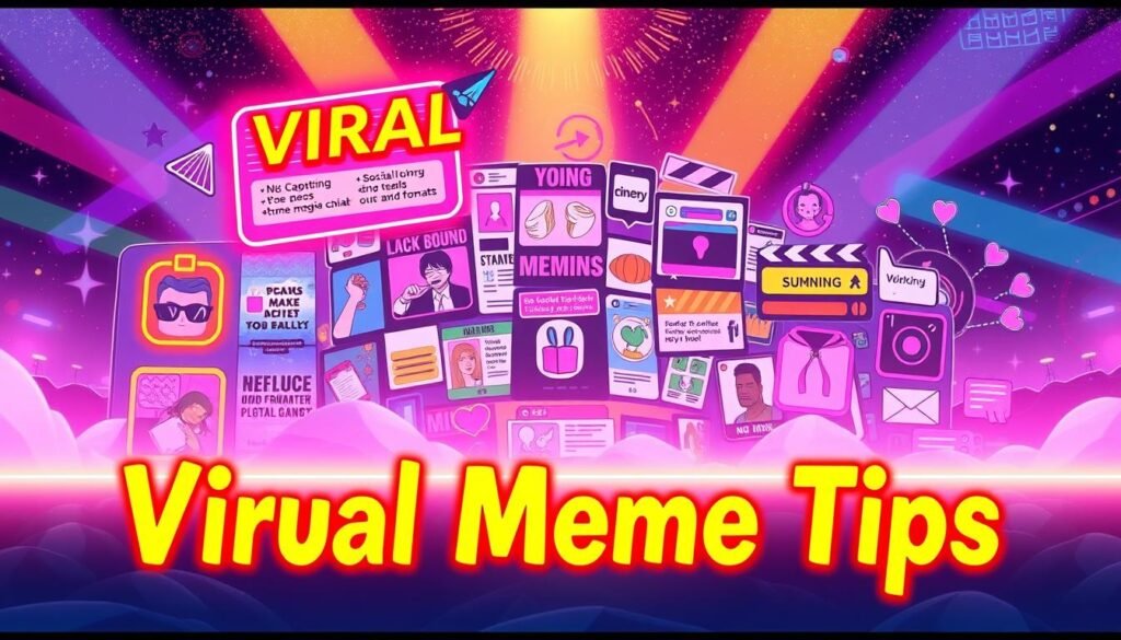 A vibrant, visually striking digital illustration showcasing "Viral Meme Tips". The foreground features a retro-inspired, neon-tinged design with bold, stylized icons and graphics representing key meme-making techniques like captioning, visual humor, and social media sharing. The middle ground depicts a lively, dynamic collage of popular meme formats and formats, conveying a sense of cultural currency and digital virality. The background is a kaleidoscopic, gradient-filled landscape, creating an immersive, hyper-modern aesthetic. Lighting is dramatic, with strong contrasts and a slightly moody, techno-infused ambiance. The overall composition is sleek, energetic, and designed to visually captivate the viewer, reflecting the viral potential of the meme-making tips.