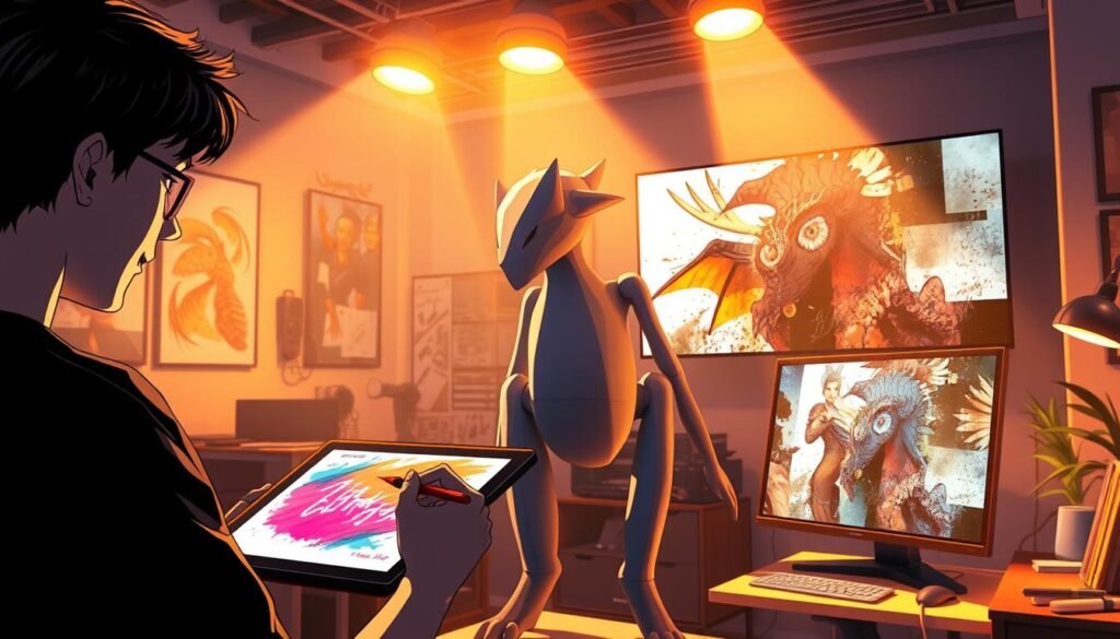 A vibrant, well-lit studio scene showcasing various creative uses for a digital art generator. In the foreground, an artist manipulates digital brushstrokes on a tablet, their face lit by the glow of the screen. In the middle ground, a 3D model of a fantastical creature takes shape, its form gradually emerging. In the background, a large monitor displays a digital collage, layers of photographic elements and abstract textures blended together. Warm, directional lighting from overhead casts dramatic shadows, heightening the sense of depth and dimension. The overall atmosphere is one of inspiration and creative exploration, conveying the versatility and power of the digital art generator.
