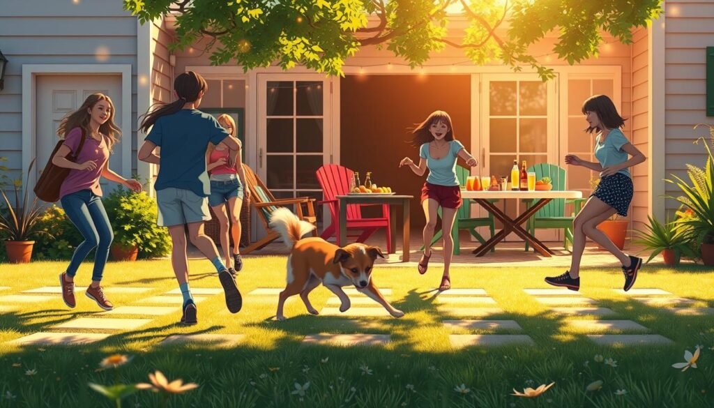 A vibrant, whimsical scene of "Pointless Saturday fun": In the foreground, a group of friends engaged in a lively game of hopscotch, their carefree laughter filling the air. In the middle ground, a dog chasing its own tail, adding to the playful atmosphere. The background features a cozy, sun-dappled backyard, with a colorful assortment of lawn chairs and a table overflowing with snacks and drinks, inviting viewers to join in the spontaneous revelry. Warm, soft lighting casts a gentle glow, capturing the essence of a delightfully unproductive Saturday. The composition is lively and dynamic, with a sense of motion and joy that perfectly encapsulates the spirit of the "It's Saturday So...Do Something Pointless" section.