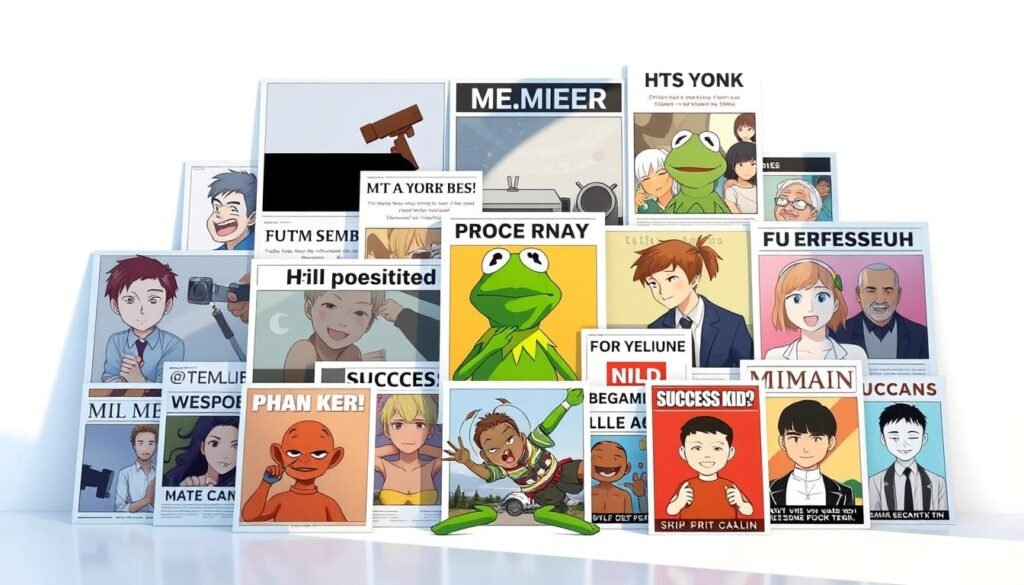 A visually compelling arrangement of diverse meme templates, presented against a clean, minimalist background. The templates should showcase a range of popular meme formats, such as the Distracted Boyfriend, Kermit the Frog, and the Success Kid, arranged in a dynamic, eye-catching composition. Utilize natural lighting and a slightly elevated camera angle to create a sense of depth and emphasis on the central meme templates. The overall mood should convey a sense of creativity, inspiration, and the potential for crafting memorable, shareable memes.