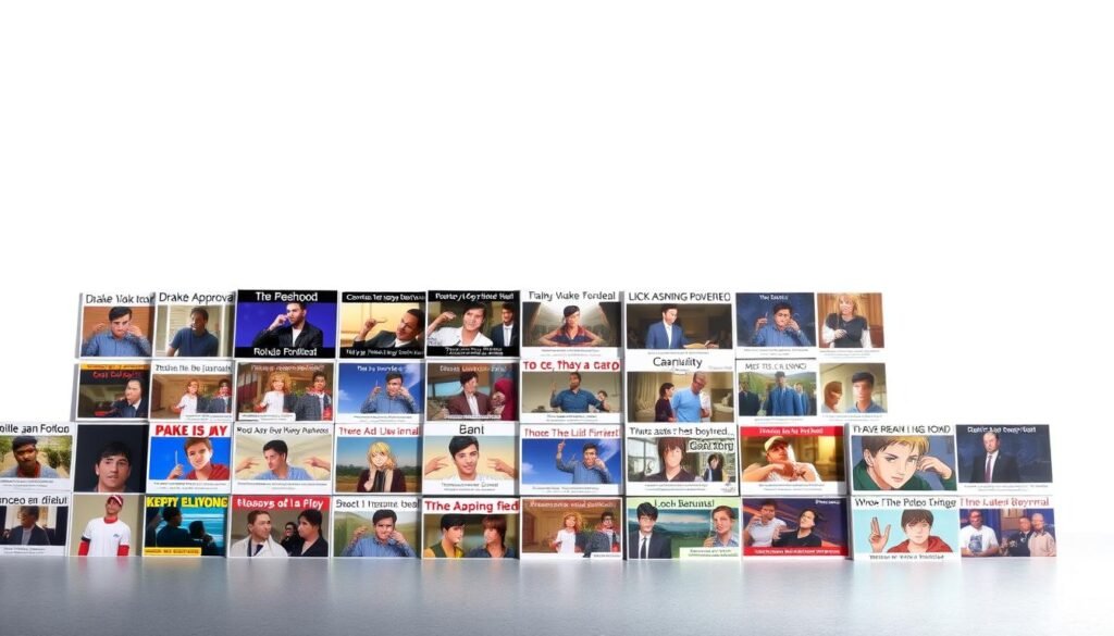 A visually striking collection of iconic meme templates, presented against a clean, minimalist backdrop. The foreground features a grid-like arrangement of recognizable meme formats, including the classic "Drake Approval" and "Distracted Boyfriend" scenes, rendered in a vibrant, high-definition style. The middle ground showcases a subtle gradient or textured surface, adding depth and visual interest. The background maintains a simple, uncluttered aesthetic, allowing the meme templates to take center stage. Soft, diffused lighting creates a sense of depth and dimensionality, while a slightly elevated camera angle provides an engaging, comprehensive view of the meme collection. The overall composition and styling convey a sleek, modern, and highly shareable visual asset.