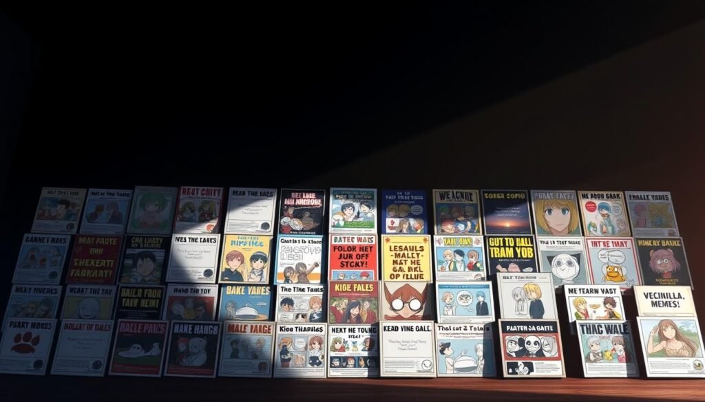 A visually striking collection of meme templates displayed on a dark, moody background. In the foreground, an array of popular meme formats and templates, each with a distinct visual style and recognizable elements. The middle ground features a subtle grid layout, hinting at the organized, customizable nature of these templates. The background is shrouded in deep shadows, creating a sense of mystery and anticipation. Dramatic lighting from the side casts dramatic shadows, adding depth and emphasis to the meme templates. The overall tone is one of creativity, humor, and the potential for endless meme-making possibilities.