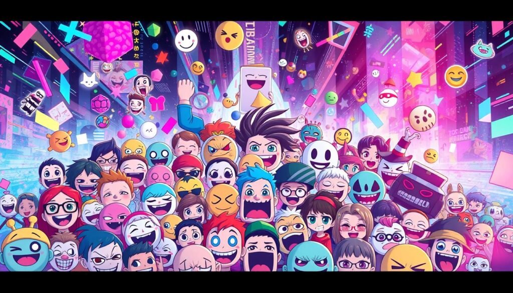 A visually striking meme trends illustration, featuring a dynamic collage of popular internet meme characters and symbols set against a vibrant, kaleidoscopic backdrop. The foreground showcases a diverse array of meme faces, expressions, and icons, arranged in a visually compelling and energetic composition. The middle ground blends abstract geometric patterns, glitch effects, and pulsing neon-like hues, creating a sense of digital chaos and virality. The background immerses the viewer in a mesmerizing, ever-shifting panorama of meme-inspired textures, gradients, and visual motifs, conveying the ever-evolving and pervasive nature of internet culture. Lit by a soft, diffused lighting that accentuates the digital aesthetics, the image exudes a visually arresting and hyper-modern feel, perfectly capturing the essence of meme trends.