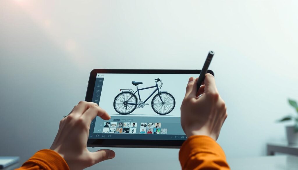 A visually striking scene of a person customizing a meme, set against a clean and minimalist background. The foreground features the user's hands intently editing a digital meme on a tablet or drawing pad, with various editing tools and software UI elements visible. The middle ground showcases a large, iconic "stick in bicycle" meme image, ready to be transformed. The background is a soft, slightly blurred gradient, conveying a sense of focus and creativity. Subtle, directional lighting from the top left casts dramatic shadows, adding depth and dimension to the composition. The overall mood is one of engagement, experimentation, and the joy of personalized meme creation.