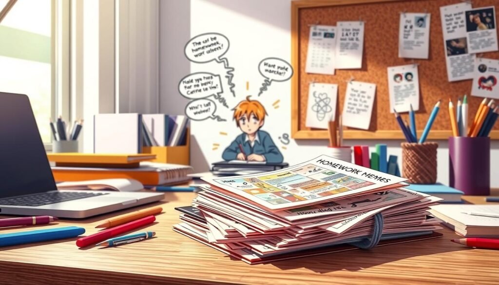 A well-lit desktop workspace, with a laptop, open books, and various stationery items arranged neatly. In the foreground, a stack of colorful, hand-drawn homework memes spill out from a folder, hinting at a wealth of humorous and relatable study resources. The middle ground features a stylized, retro-inspired illustration of a student working diligently, surrounded by thought bubbles containing meme-worthy moments. In the background, a corkboard displays printouts of popular homework memes, creating a visually engaging and informative scene that captures the essence of "Where to Find More Homework Memes".