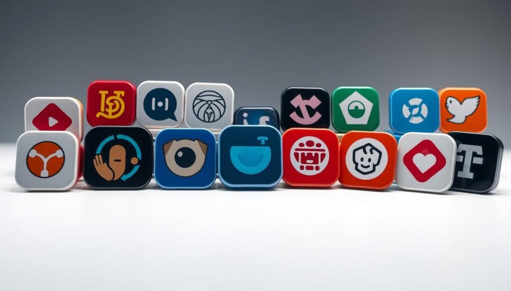 A well-lit, high-quality close-up shot of a group of various meme generator app icons and logos, arranged in an aesthetically pleasing, visually striking composition on a clean, minimalist background. The icons should be detailed and recognizable, showcasing a diverse range of popular meme-making tools. The lighting should be soft and diffused, creating a sense of depth and dimensionality. The overall mood should be modern, professional, and inviting, highlighting the benefits and capabilities of using meme generators.