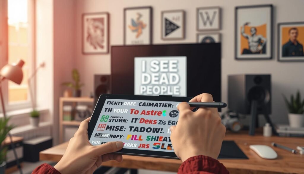 A well-lit, high-resolution image showcasing the customization of memes. In the foreground, a person's hands are creatively arranging various font types and vibrant color palettes on a digital drawing tablet, experimenting with different typographic styles and hues to enhance a meme template. The middle ground features the meme template itself, a classic "I See Dead People" scene, displayed on a large desktop monitor. The background depicts a cozy, minimalist workspace with sleek office equipment and inspirational art prints on the walls, creating a productive and visually appealing environment for meme creation. The overall scene conveys a sense of focused creativity, experimentation, and the joy of personalizing meme content.
