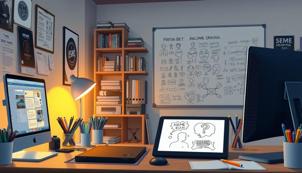 A well-lit, neatly organized workspace with various meme creation tools. In the foreground, a stylish desktop computer, a tactile drawing tablet, and an array of colorful pens and markers. The middle ground features a bookshelf stocked with meme reference materials and design inspiration. In the background, a large, whiteboard wall showcases a brainstorming session, with sketches and ideas pinned up. Warm, indirect lighting casts a creative glow, and the overall atmosphere exudes a sense of focused productivity and artistic expression.