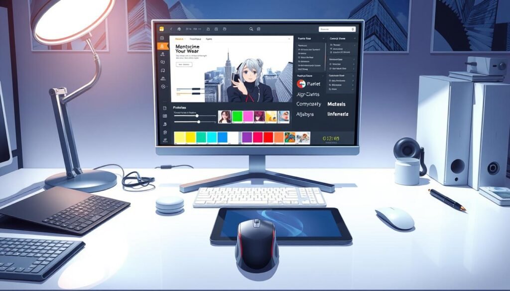A well-lit workspace with an array of digital design tools neatly arranged on a sleek, minimalist desk. In the foreground, a high-resolution display showcases a meme customization interface, complete with intuitive sliders, color palettes, and an arsenal of font options. In the middle ground, a stylized mouse and tablet device invite interaction, while the background features a sophisticated three-dimensional scene, hinting at the endless creative possibilities. The overall mood is one of efficiency, creativity, and a touch of playful ingenuity, perfectly capturing the essence of "Customizing Your Meme Like a Pro."