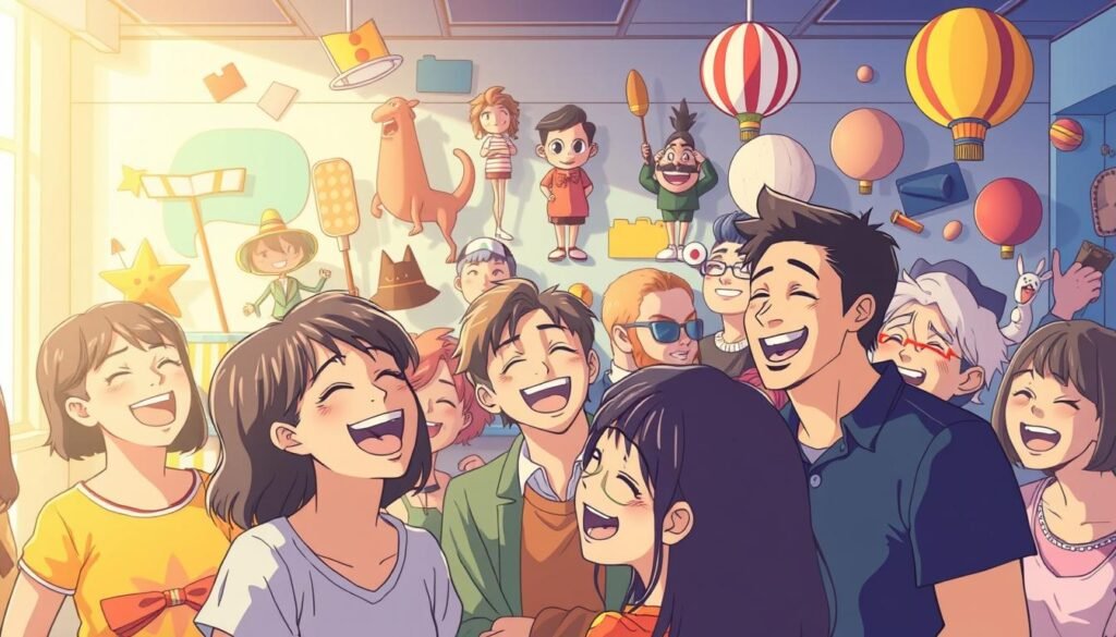 A whimsical and lighthearted scene depicting the psychology of humor. In the foreground, a group of people are gathered, their faces alight with laughter and mirth. Their expressions convey a sense of joy and shared amusement. In the middle ground, a variety of humorous visual elements, such as oversized props, comical characters, and surreal visual puns, create an engaging and visually captivating environment. The background features a vibrant, colorful setting, with playful, abstract patterns and shapes that further enhance the playful and imaginative atmosphere. The lighting is soft and diffused, creating a warm and inviting mood. The overall composition and style evoke a sense of playfulness, creativity, and the universal appeal of humor.