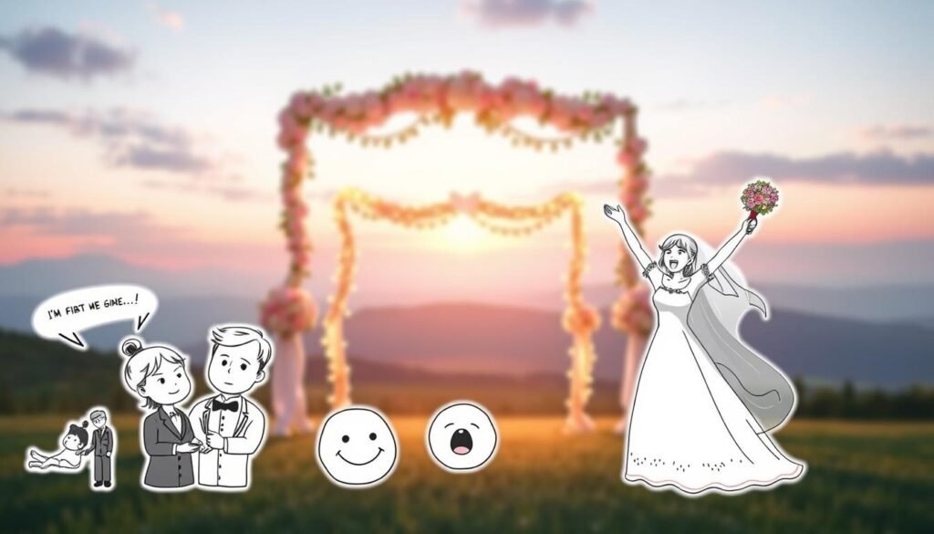 A whimsical and lighthearted scene of wedding-themed memes, set against a soft, romantic backdrop. In the foreground, an array of playful, hand-drawn meme illustrations - a couple sharing a humorous "first look," a bewildered groomsman, and a bride triumphantly tossing her bouquet. The middle ground features a tastefully decorated wedding arch, draped with delicate flowers and garlands, casting a warm, golden glow. In the background, a hazy, out-of-focus landscape of rolling hills and a tranquil, twilight sky, creating a dreamy, celebratory atmosphere. Soft, diffused lighting and a shallow depth of field emphasize the playful, yet elegant mood.