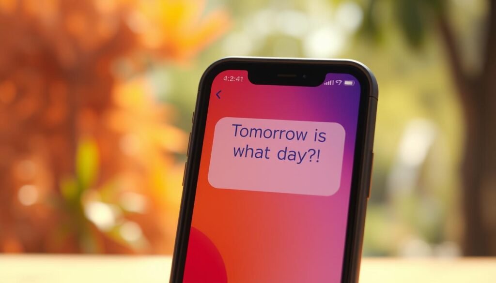 A whimsical calendar notification meme, captured with a close-up lens and warm natural lighting. In the foreground, a smartphone screen displays a calendar alert, its design playful and humorous, conveying the confusion and surprise of "Tomorrow is what day?!" Against a blurred background of vibrant, earthy tones, the scene exudes a lighthearted, weekend-ready atmosphere. The composition is balanced, with the calendar notification occupying a central, focal point, inviting the viewer to chuckle along at the relatable, weekend-inspired meme.