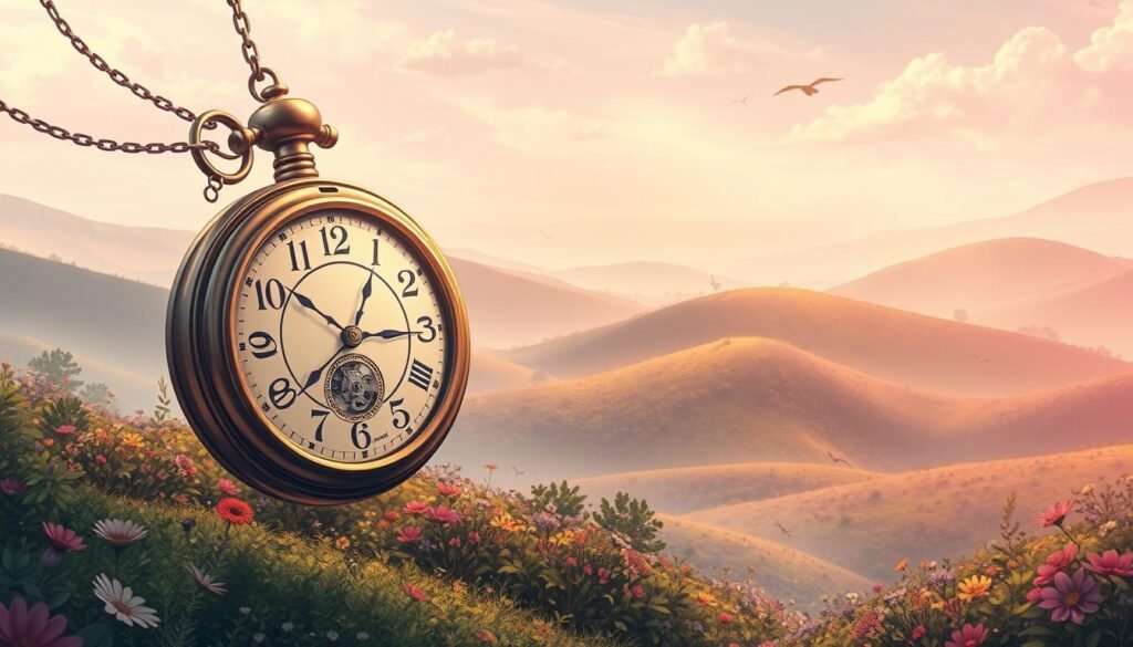 A whimsical, dreamlike landscape depicting the perception of time on Saturdays. In the foreground, a giant antique pocket watch floats, its gears and mechanisms exposed, symbolizing the distorted flow of time. The middle ground features rolling hills dotted with lush, vibrant flora and fauna, hinting at the carefree, relaxed pace of the weekend. In the background, a hazy, pastel-colored sky with wispy clouds creates a sense of timelessness. Soft, diffused lighting casts a warm, nostalgic glow over the entire scene, evoking the feeling of time slipping away. Stylistically, the image blends realism with surreal, imaginative elements to capture the subjective, subjective nature of time perception on Saturdays.