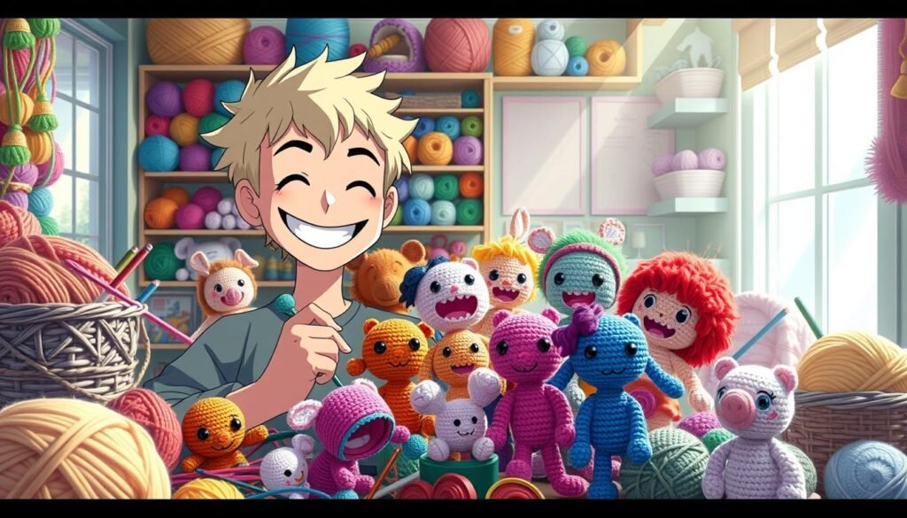 A whimsical scene of a crochet enthusiast surrounded by a vibrant array of colorful yarn, needles, and playful, humorous crochet creations. The foreground features the crafter, their face beaming with a mischievous grin, skillfully manipulating the yarn to bring their comical designs to life. The middle ground showcases a collection of endearing crochet figures, each with a comical, exaggerated expression or pose, hinting at the lighthearted and humorous nature of the craft. The background presents a cozy, well-lit workspace, with shelves and baskets overflowing with an assortment of yarn in a rainbow of hues, creating a visually captivating and inspiring setting. The overall mood is one of joy, creativity, and a touch of whimsy, perfectly capturing the spirit of "More Hilarious Crochet Memes".