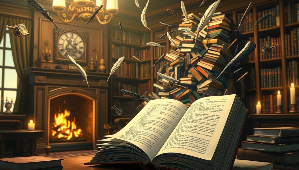 A whimsical scene of literary humor, captured with a vintage camera lens. In the foreground, an open book floats, its pages fluttering as if alive, surrounded by a cascade of floating quills, inkwells, and other writer's tools. In the middle ground, a bookshelf teeters precariously, its volumes spilling out in a humorous display. The background is a cozy, dimly lit study, filled with the warm glow of a crackling fireplace and the soft, diffused light of candles. The overall mood is one of playful, bookish delight, inviting the viewer to embrace the lighthearted side of the literary world.