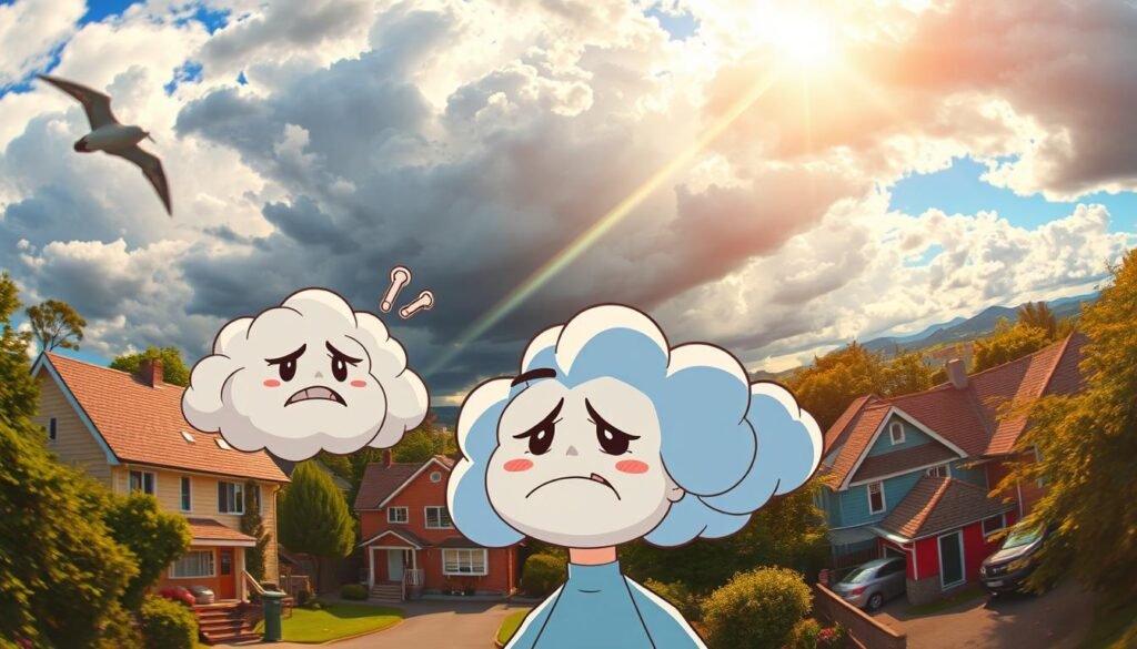 A whimsical weather-themed meme against a lively Saturday backdrop. In the foreground, playful cartoon clouds with mischievous expressions taunt a frustrated person, contrasting the sunny skies beyond. The middle ground features a quaint neighborhood with colorful houses and lush greenery, while the distant horizon showcases dramatic, moody storm clouds. Warm, golden lighting filters through, casting a soft, nostalgic glow. The composition is dynamic, with a slight fisheye lens effect to enhance the sense of energy and movement. The overall mood is one of lighthearted exasperation, capturing the universal experience of wanting perfect weather on the weekend.