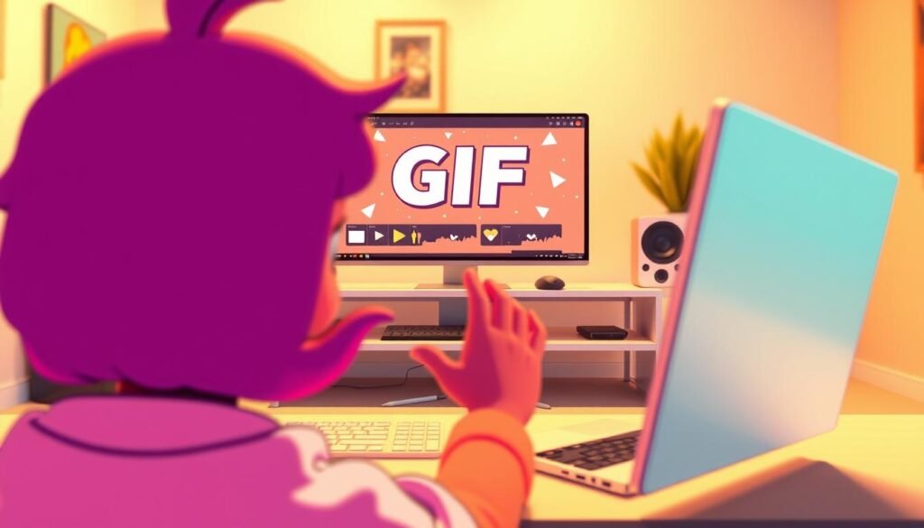 Animated GIF creation: a whimsical display of digital artistry. In the foreground, a vibrant, cartoon-like character animatedly crafts a GIF, their hands a blur of motion as they edit frames and add dynamic elements. The middle ground features a sleek, minimalist workstation, replete with a high-resolution display showcasing the GIF-in-progress. The background is a softly blurred, pastel-hued environment, evoking a sense of creativity and technology in harmony. Warm, diffused lighting casts a gentle glow, while the camera angle offers a slightly elevated perspective, capturing the full scope of the scene. An atmosphere of playful innovation pervades, inviting the viewer to imagine the meme-worthy possibilities within.