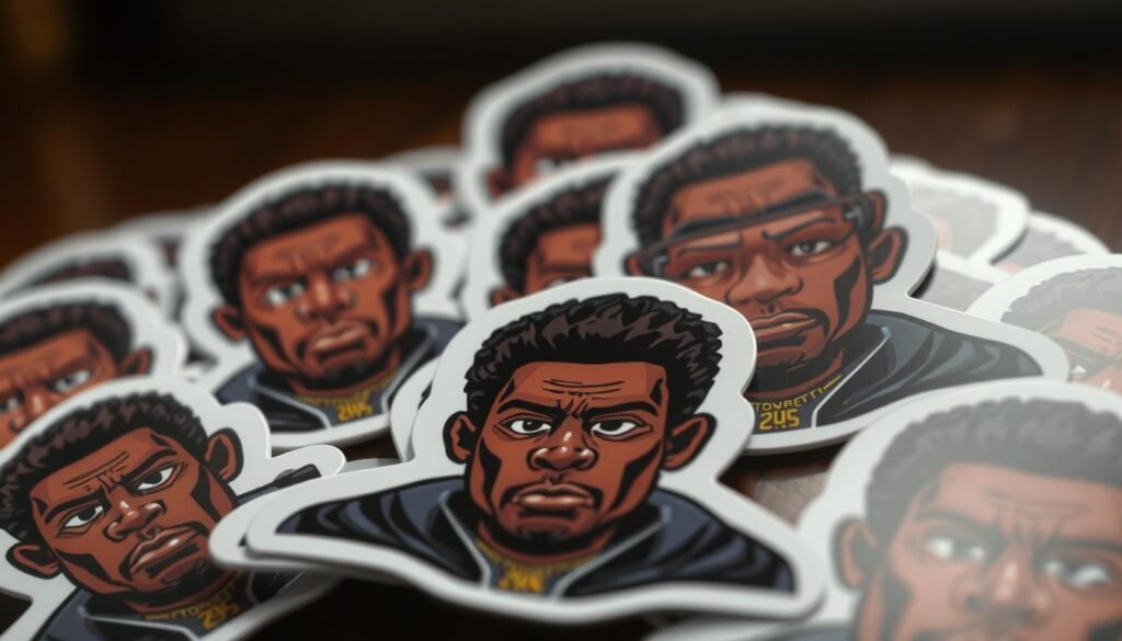 Highly detailed, photorealistic image of custom stickers featuring the "dindu nuffin" meme character. The stickers are close-up in the foreground, with a soft, blurred background. The stickers have a glossy, premium finish and are arranged in a visually appealing, asymmetric layout. The meme character is depicted with a neutral, stoic expression, conveying a subtle, ironic humor. The lighting is natural, with slight shadows and highlights accentuating the tactile, physical quality of the stickers. The overall mood is one of high-quality, sophisticated meme merchandise, suitable for the "Advanced meme customization" section of the article.