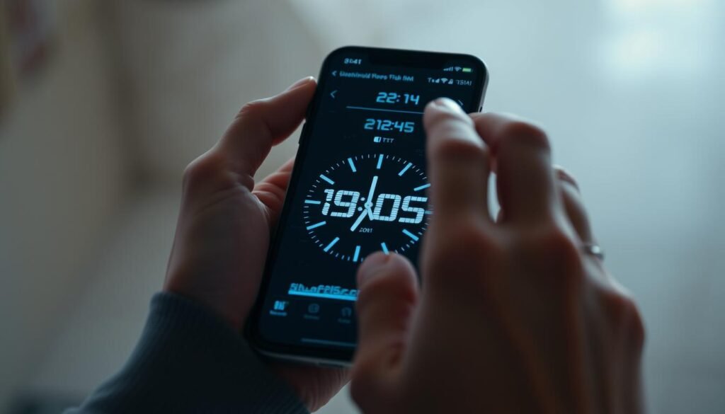 a close-up shot of a person's hands holding a smartphone, with the screen displaying a pixelated, glitched-out clock interface, conveying a distorted perception of time. The background is blurred, hazy, and indistinct, suggesting a sense of disorientation and disconnection from the passage of time. The lighting is soft and diffused, creating a dreamlike, surreal atmosphere. The overall composition and tone evoke a feeling of frustration, confusion, and the fleeting nature of the weekend.