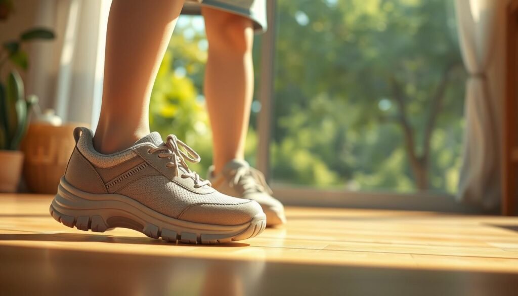 a detailed, hyper-realistic image of the benefits of orthopedic footwear for kids, in a warm, inviting atmosphere. The foreground shows a pair of well-cushioned, supportive orthopedic shoes in a neutral color, with their features highlighted to showcase their ergonomic design and comfort. The middle ground depicts a young child, approximately 8-10 years old, standing comfortably and confidently in the shoes, their body language exuding ease and joy. The background features a softly-lit, natural setting, such as a sun-dappled park or a cozy indoor space, conveying a sense of health, wellness, and the positive impact of proper footwear on a child's development and activity. The lighting is soft and diffused, creating a calming, inviting mood, and the camera angle is slightly elevated to provide a friendly, approachable perspective.