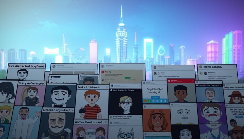 a digital collage of popular meme templates and generators, showcasing a diverse collection of meme-making tools and formats. The foreground features a grid-like arrangement of various meme templates, ranging from the classic "Distracted Boyfriend" to the sarcastic "Skeptical Third World Kid". The middle ground presents a selection of intuitive meme generator interfaces, with clean and user-friendly designs. The background depicts a vibrant, neon-tinged cityscape, hinting at the dynamic and ever-evolving nature of internet culture and meme-making. The lighting is soft and diffused, creating a stylized, almost retro-futuristic atmosphere. The overall composition conveys a sense of creativity, accessibility, and the endless possibilities for crafting and sharing memes in the digital age.