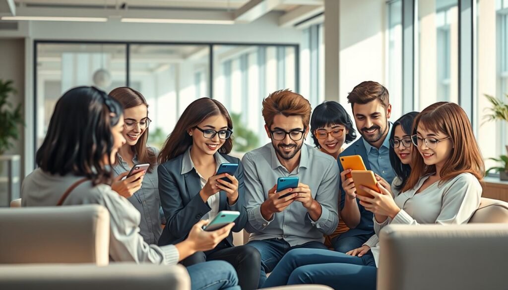 a highly detailed, photorealistic image of a group of people sharing a meme on their digital devices, such as smartphones and tablets, in a modern, well-lit office setting with sleek, minimalist furniture and decor. The group is composed of diverse individuals, including both men and women, all focused intently on their screens, their expressions conveying a sense of amusement and camaraderie. The lighting is natural, coming from large windows, casting a warm, inviting glow on the scene. The overall atmosphere is one of productivity and collaboration, with the shared meme serving as a unifying element that brings the team together.