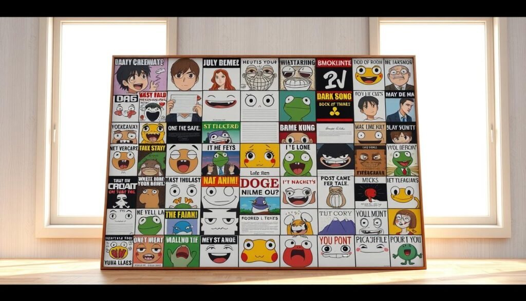 a highly detailed, photorealistic image of a variety of meme templates arranged in a grid pattern, displayed on a light-colored wooden surface, lit by natural soft lighting from a window, with a clean, minimalist background. The meme templates should include a diverse range of popular meme formats such as Distracted Boyfriend, Kermit the Frog, Doge, Surprised Pikachu, and other well-known internet memes. The image should convey a sense of curation and organization, showcasing the versatility and creativity of meme templates as a medium for visual expression and communication.