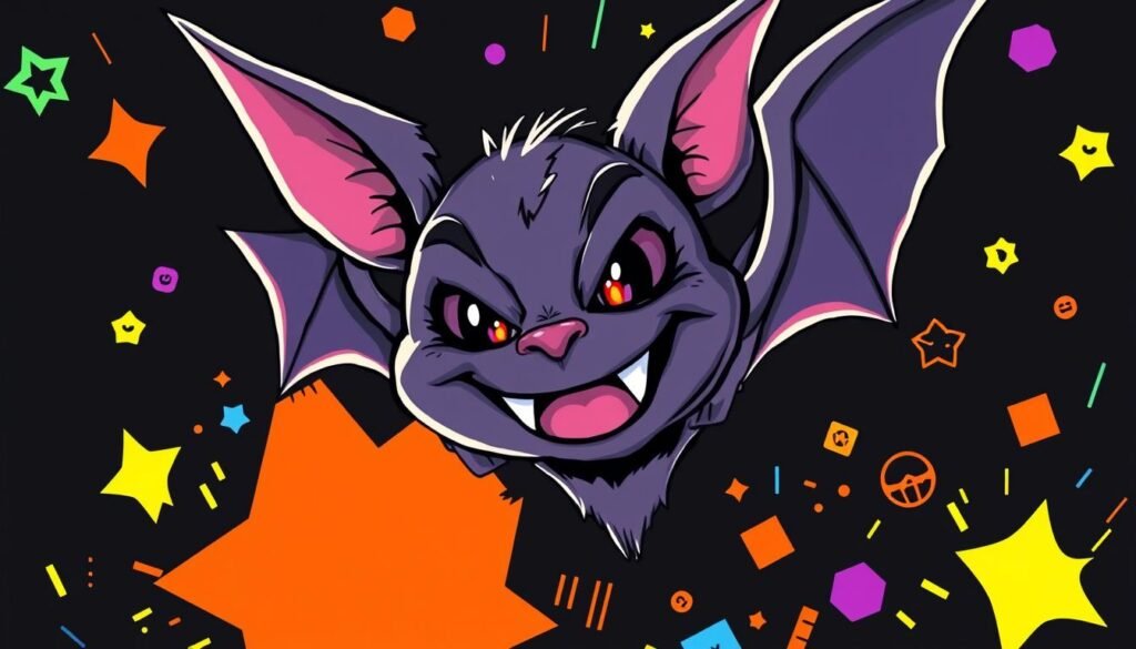 a hyper-detailed, close-up shot of a stylized, hand-drawn bat meme on a dark, moody background. the bat has exaggerated, animated features and is posed in a dynamic, mischievous way, with glowing, piercing eyes and a toothy grin. the meme is surrounded by a flurry of viral meme elements - bold, colorful shapes, glitch effects, abstract patterns, and playful, minimalist icons or symbols. the overall composition is vibrant, energetic, and visually striking, drawing the viewer's attention to the central bat meme and hinting at the tips and tricks for creating attention-grabbing, shareable content.