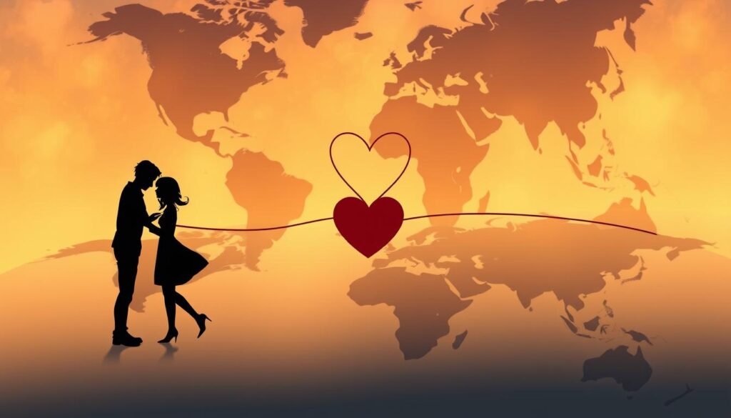 a long-distance relationship meme, featuring a stylized illustration of a couple in silhouette standing on opposite ends of a world map, with a heart-shaped string or thread connecting them across the distance. The couple are positioned in a romantic, wistful pose, conveying the emotional longing and connection of a long-distance romance. The scene is set against a warm, hazy background with a soft, dreamy lighting that enhances the sense of intimacy and nostalgia. The overall mood is sentimental and bittersweet, capturing the unique challenges and joys of loving from afar.