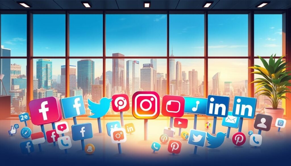 a vibrant and dynamic scene depicting the major social media platforms as a cohesive ecosystem. In the foreground, a group of diverse and engaging social media icons, including logos for Facebook, Twitter, Instagram, TikTok, and LinkedIn, are arranged in an eye-catching composition. The middle ground features a lively digital landscape, with various screen displays and interactive elements that showcase the engagement and sharing of content across these platforms. In the background, a sleek and modern office setting, complete with a large window overlooking a bustling city skyline, provides a sophisticated and professional backdrop. The scene is illuminated by a warm, natural lighting that casts a inviting glow, and the overall atmosphere conveys a sense of connectivity, collaboration, and the power of social media to bring people together.